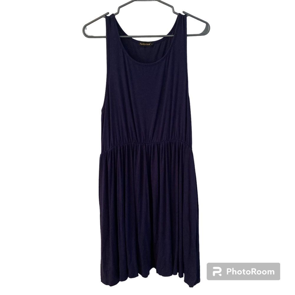 Fantaslook Navy Loose Fitting Dress with Pockets Casual Sleeveless Size Small
